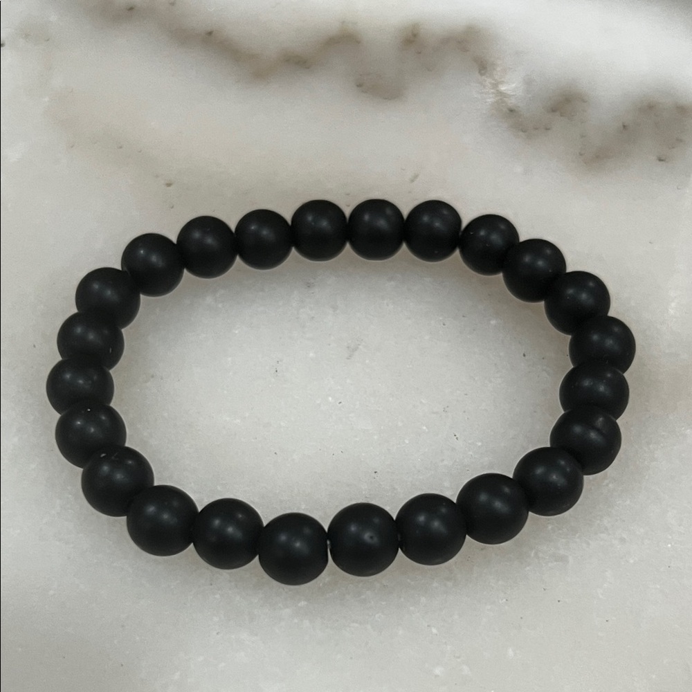 Black Beaded Polished Obsidian Stone Stretch Bracelet